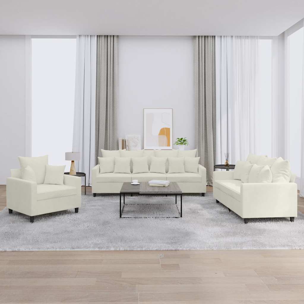 3 Pcs conjunto de sofás com almofadões veludo cor creme