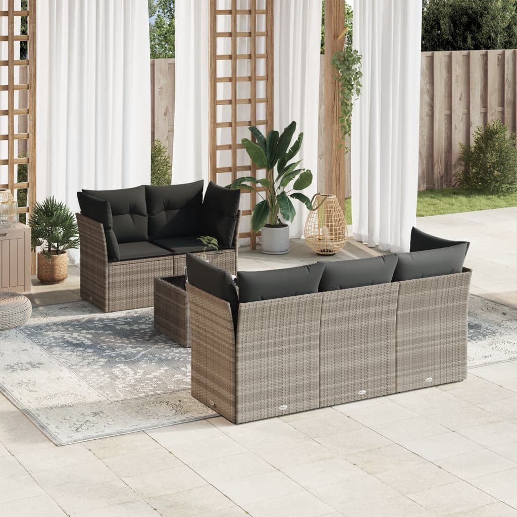 6 Pcs conj. sofás jardim com almofadões vime PE cinzento-claro