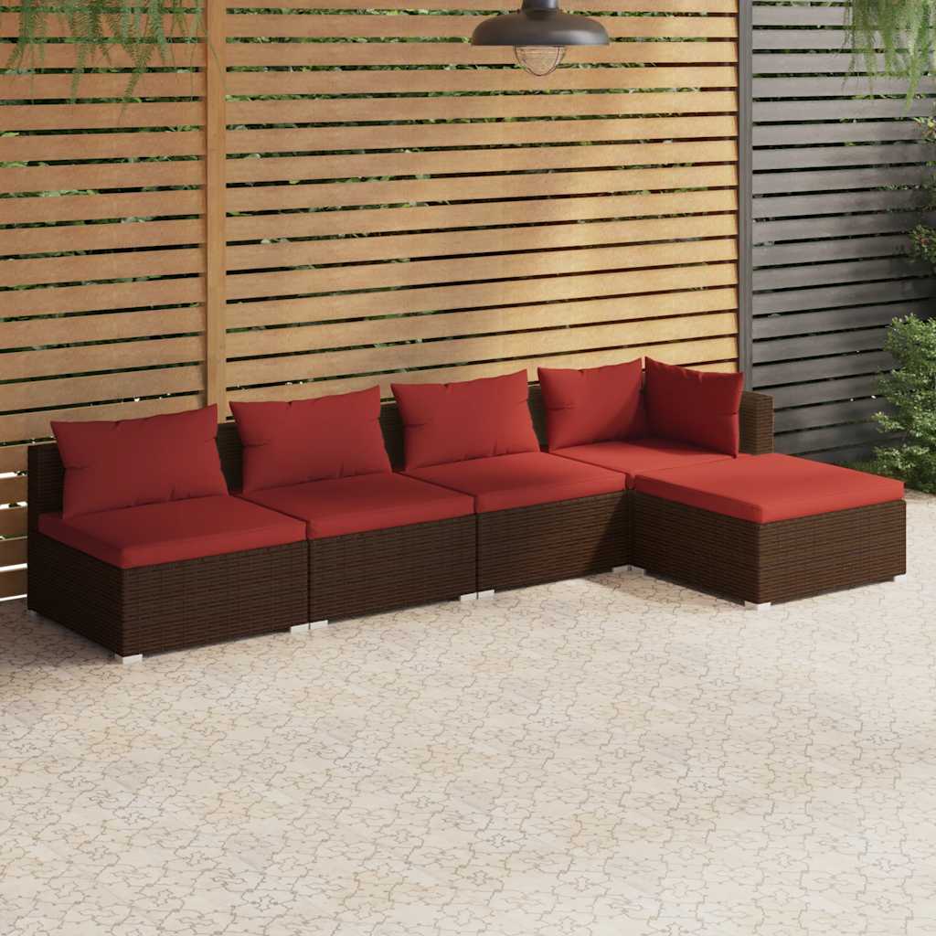 5 Pcs conjunto lounge jardim c/ almofadões vime PE castanho