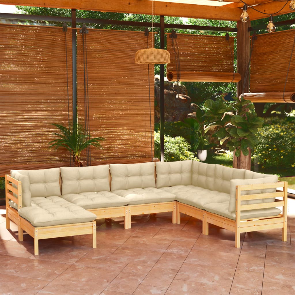 7 Pcs conjunto lounge jardim c/ almofadões creme pinho maciço