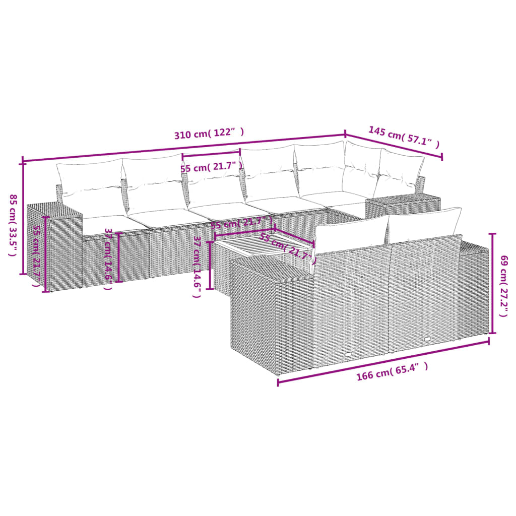 9 Pcs conjunto de sofás p/ jardim c/ almofadões vime PE preto