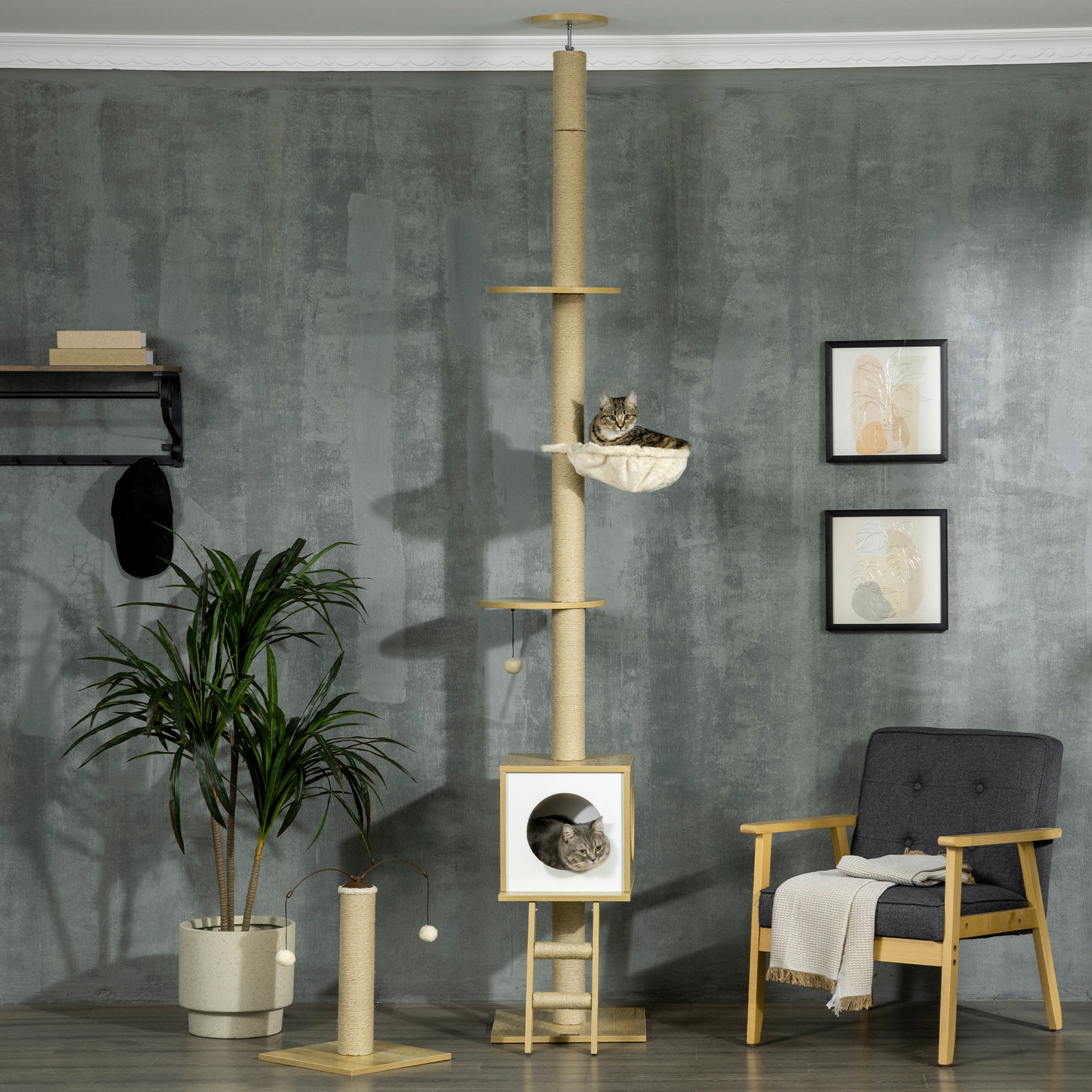 Árvore para gatos do chão ao teto 220-260cm com altura ajustável plataformas rede caverna poste de juta 40x40225-285cm bege