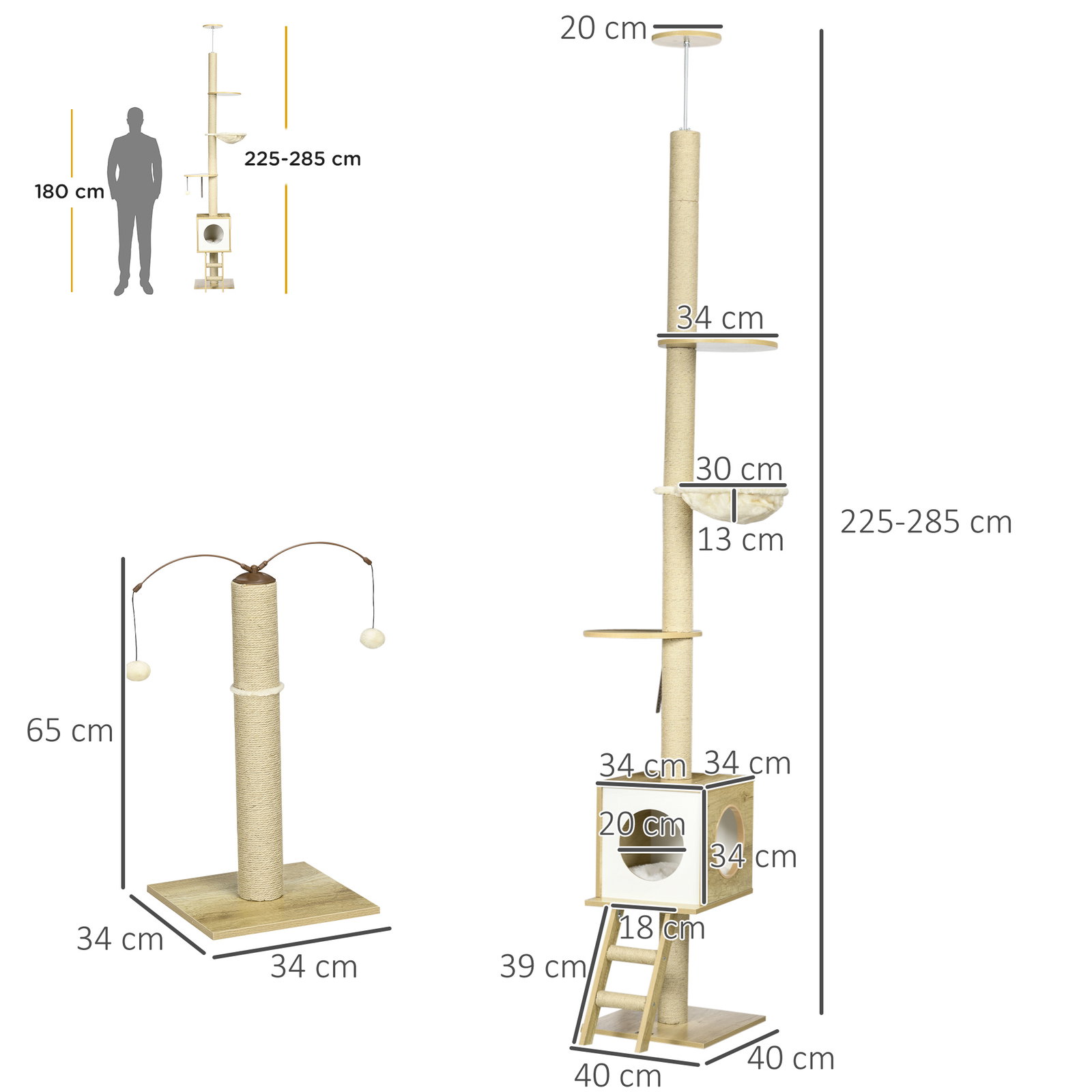 Árvore para gatos do chão ao teto 220-260cm com altura ajustável plataformas rede caverna poste de juta 40x40225-285cm bege
