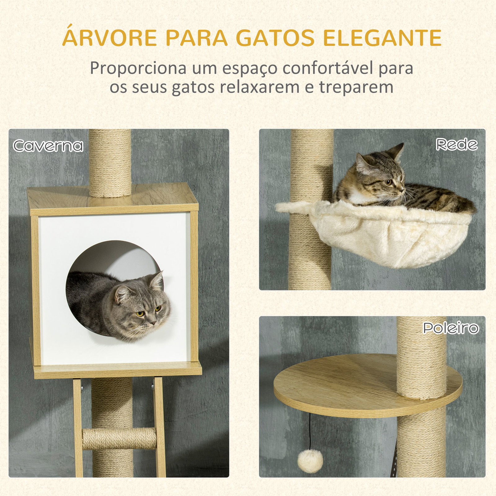 Árvore para gatos do chão ao teto 220-260cm com altura ajustável plataformas rede caverna poste de juta 40x40225-285cm bege