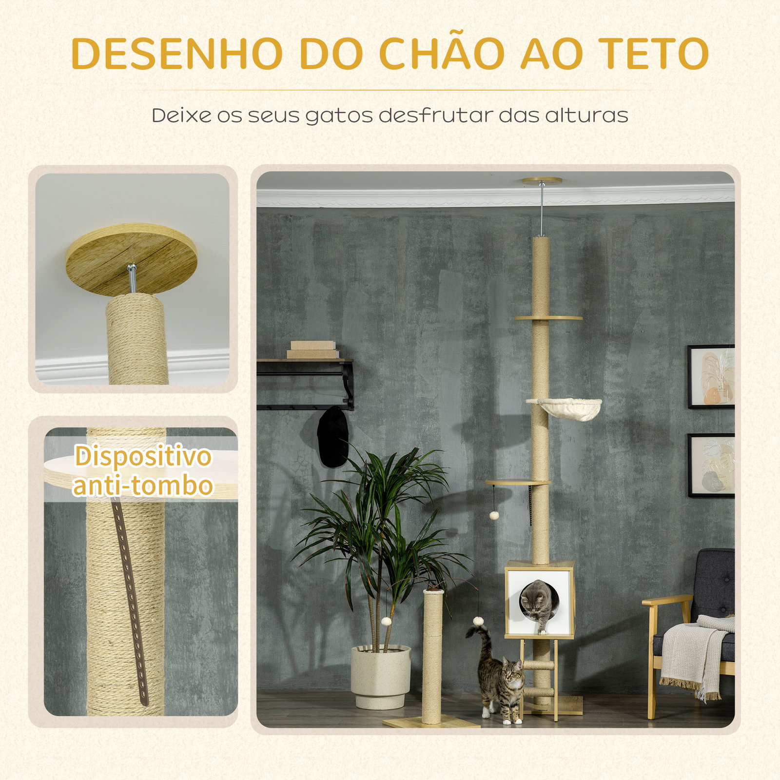 Árvore para gatos do chão ao teto 220-260cm com altura ajustável plataformas rede caverna poste de juta 40x40225-285cm bege