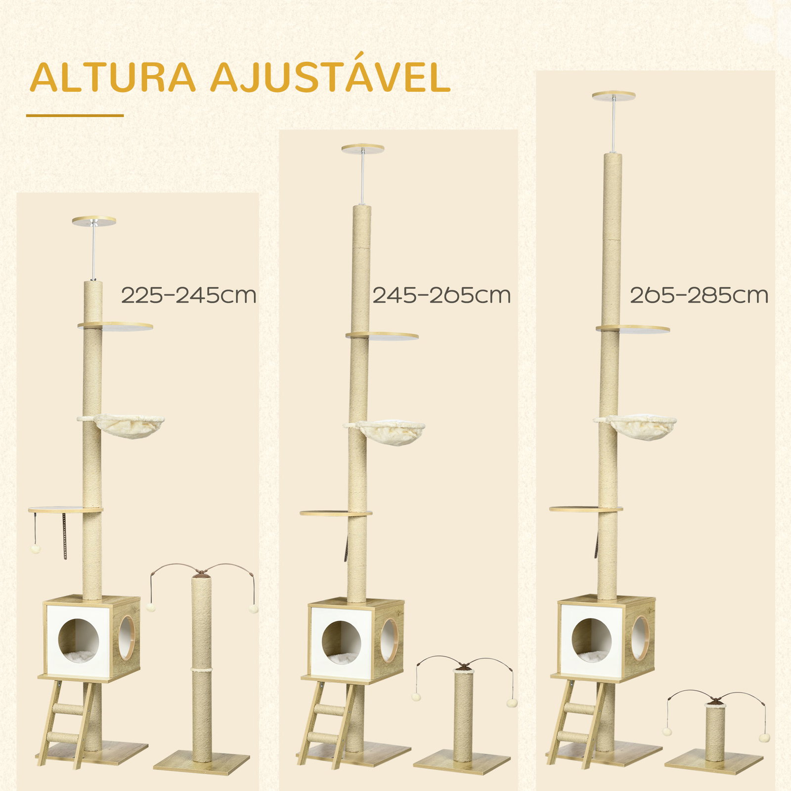 Árvore para gatos do chão ao teto 220-260cm com altura ajustável plataformas rede caverna poste de juta 40x40225-285cm bege