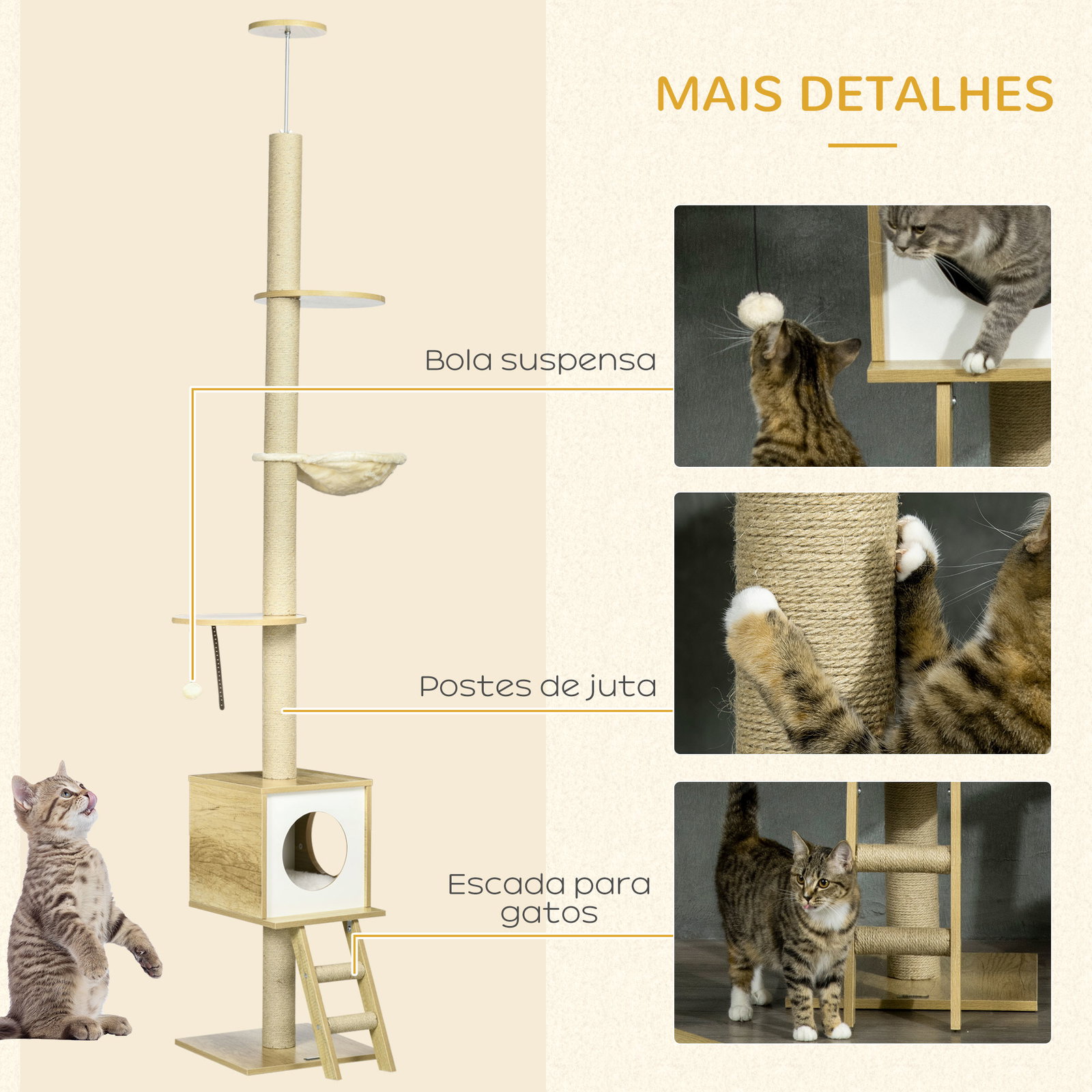 Árvore para gatos do chão ao teto 220-260cm com altura ajustável plataformas rede caverna poste de juta 40x40225-285cm bege