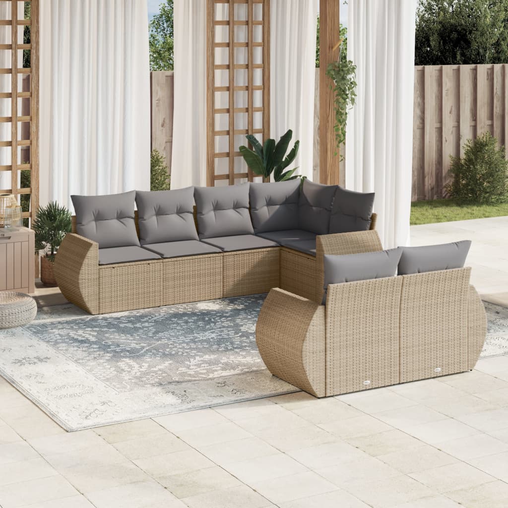 7 Pcs conjunto de sofás p/ jardim com almofadões vime PE bege