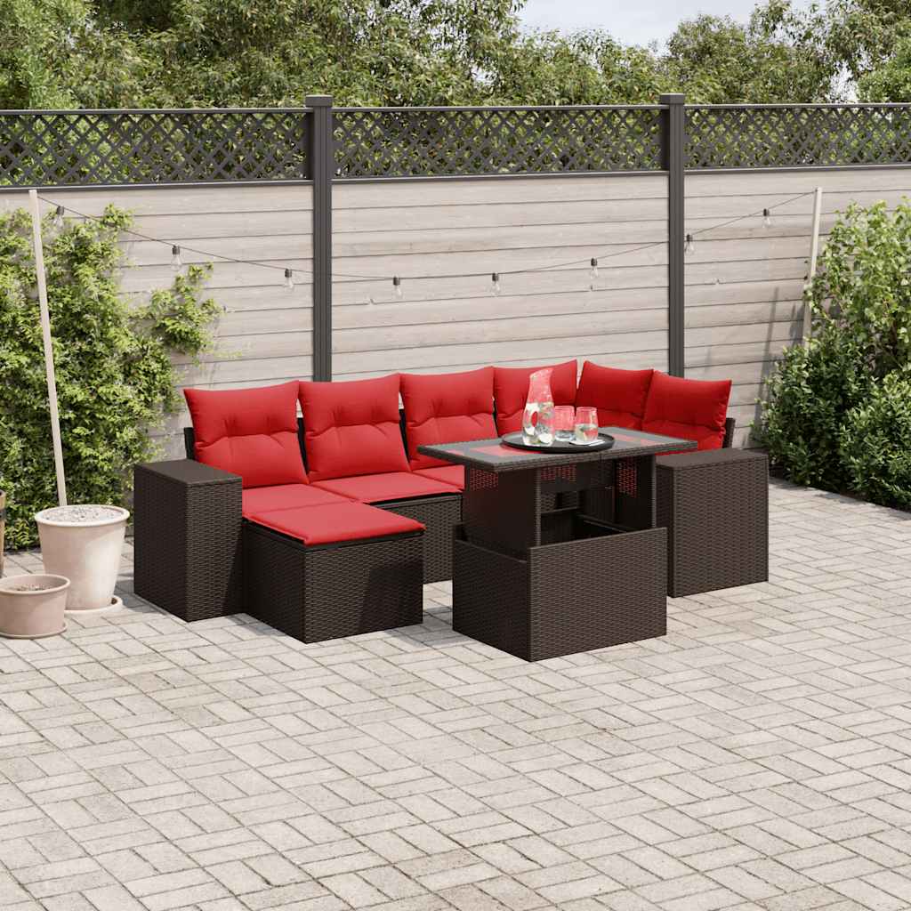 Conjunto de sofá de jardim com 7 peças e almofadas em rattan sintético marrom