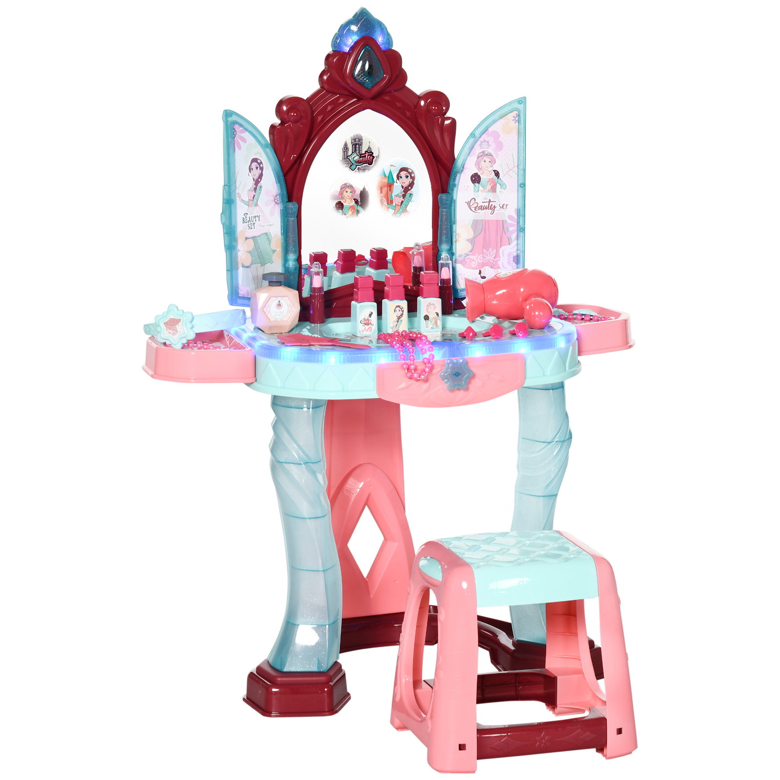 Toucador infantil com banco espelho luz música e secador inclui 31 acessórios toucador de maquilhagem 57x34x73cm multicor