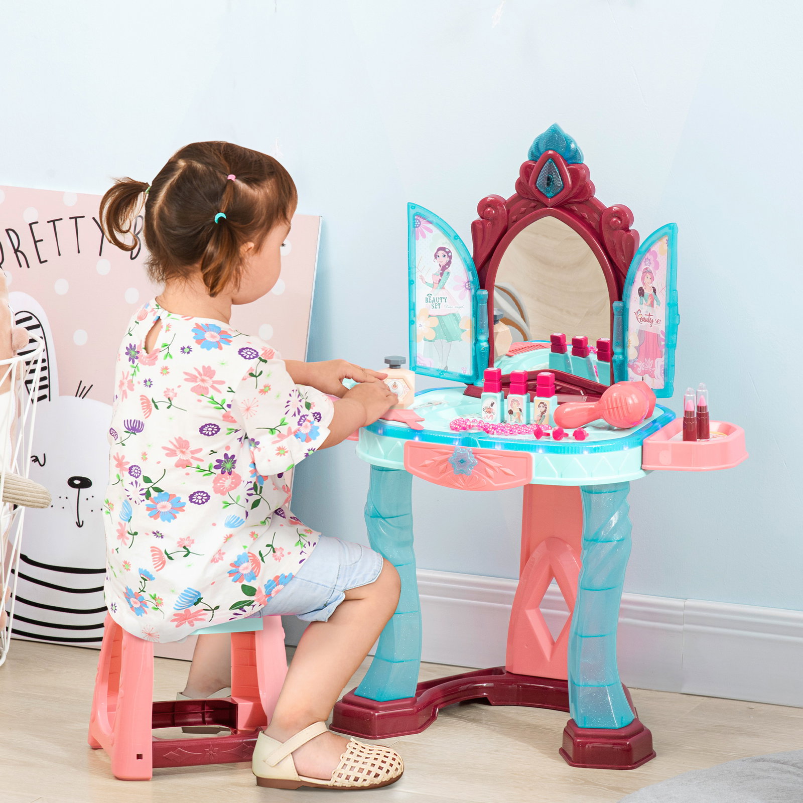 Toucador infantil com banco espelho luz música e secador inclui 31 acessórios toucador de maquilhagem 57x34x73cm multicor