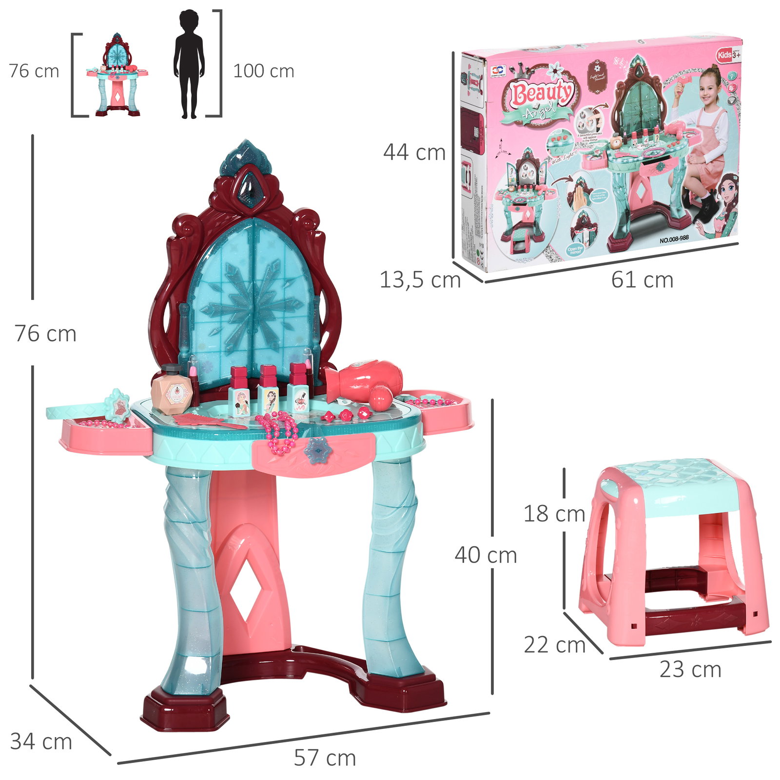 Toucador infantil com banco espelho luz música e secador inclui 31 acessórios toucador de maquilhagem 57x34x73cm multicor
