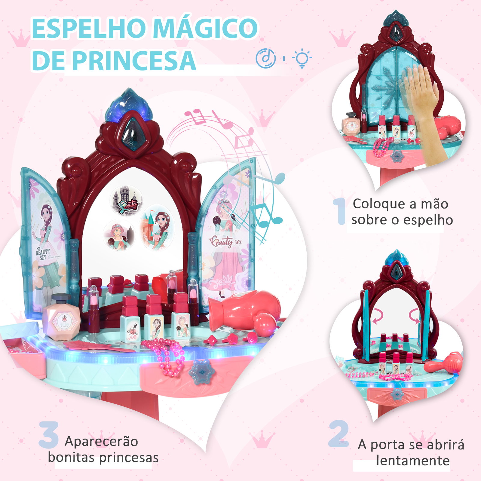 Toucador infantil com banco espelho luz música e secador inclui 31 acessórios toucador de maquilhagem 57x34x73cm multicor