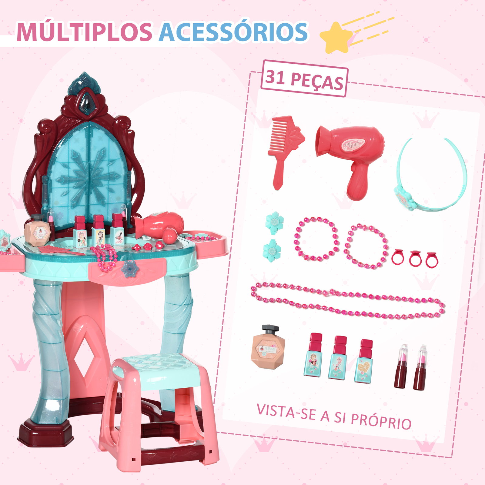 Toucador infantil com banco espelho luz música e secador inclui 31 acessórios toucador de maquilhagem 57x34x73cm multicor