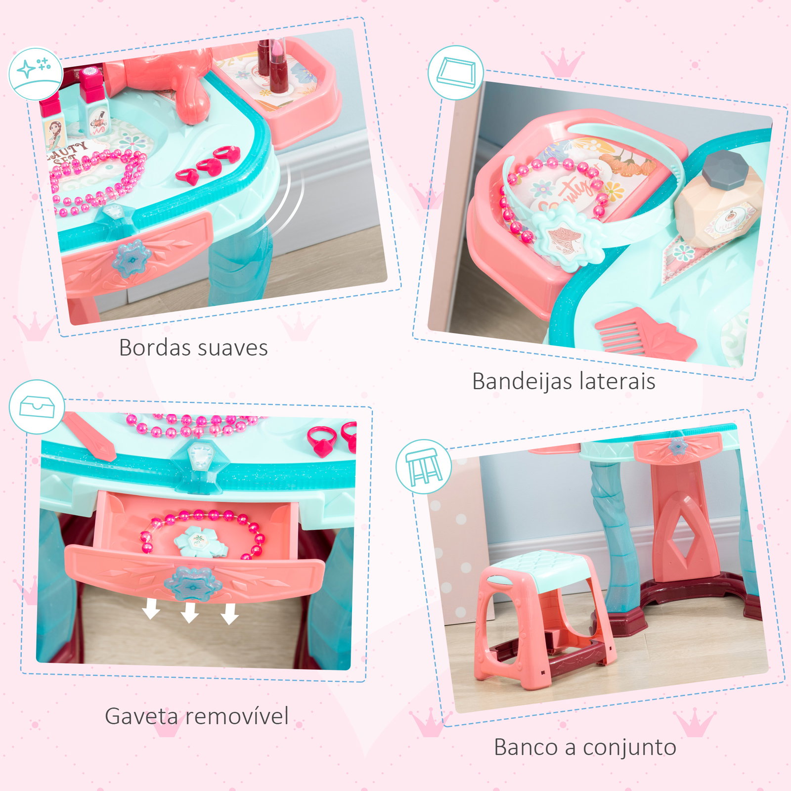 Toucador infantil com banco espelho luz música e secador inclui 31 acessórios toucador de maquilhagem 57x34x73cm multicor