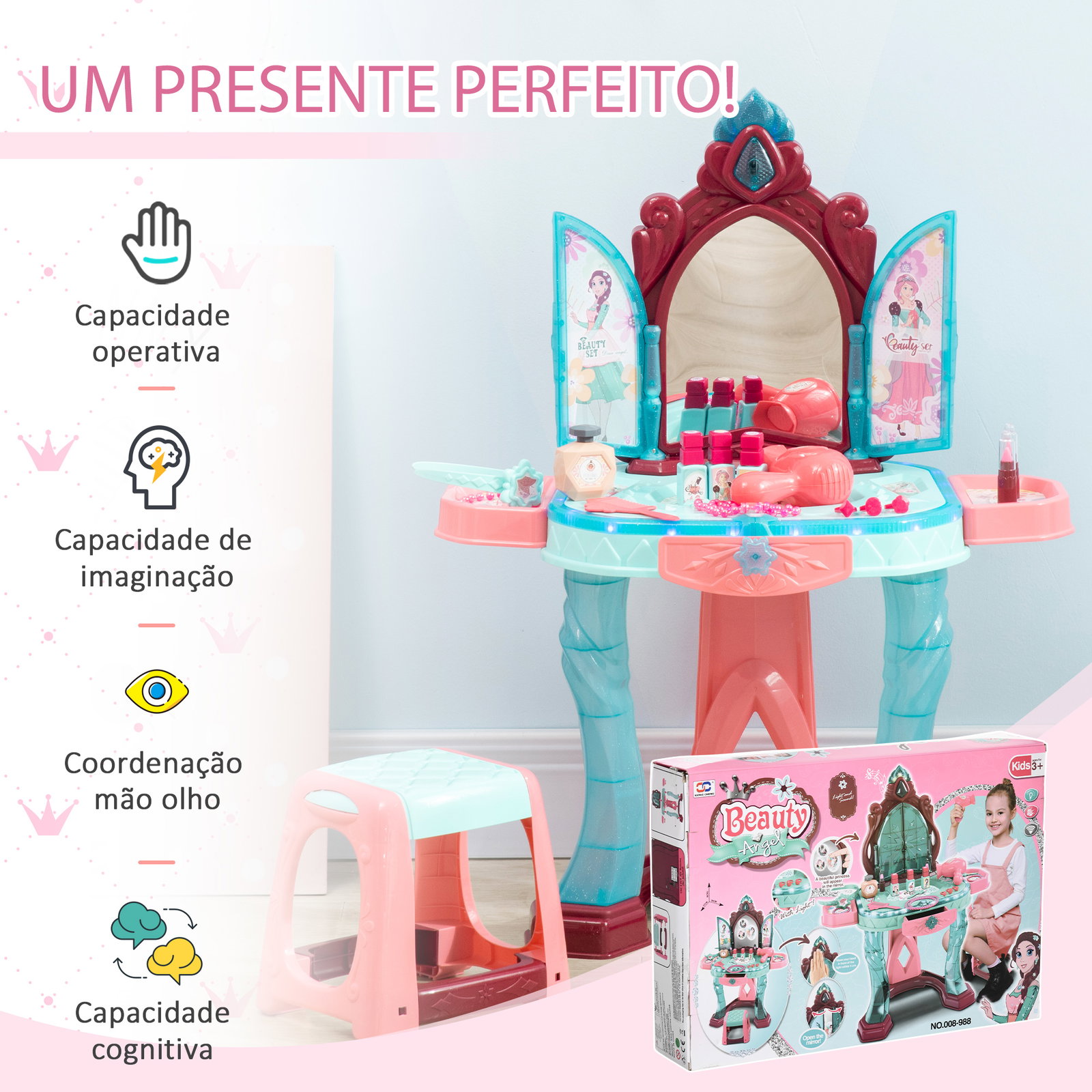 Toucador infantil com banco espelho luz música e secador inclui 31 acessórios toucador de maquilhagem 57x34x73cm multicor