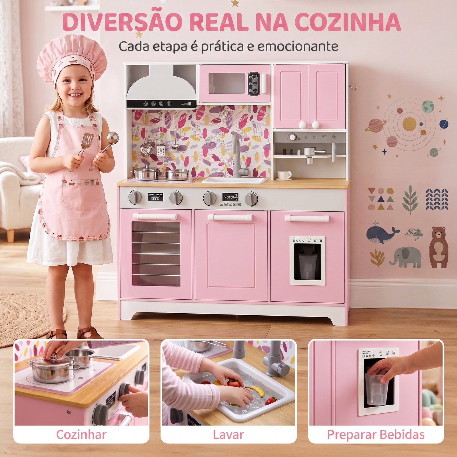 Cozinha de madeira com acessórios em aço inoxidável, máquina de café, máquina de gelo, lava-loiça e fogão rosa