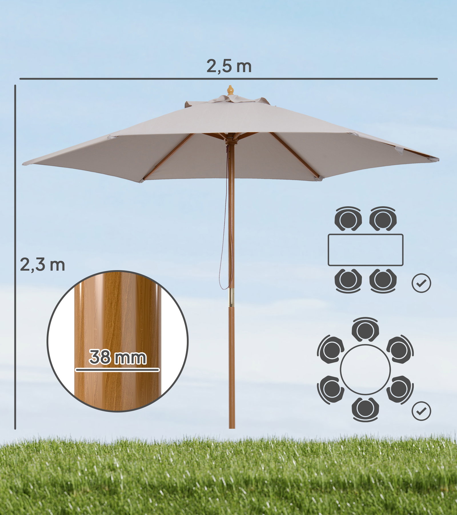 Chapéu de Sol de Madeira Ø250x230 cm para Exterior com 6 Hastes Sistema de Corda com Fixação Desmontável Portátil Cinza