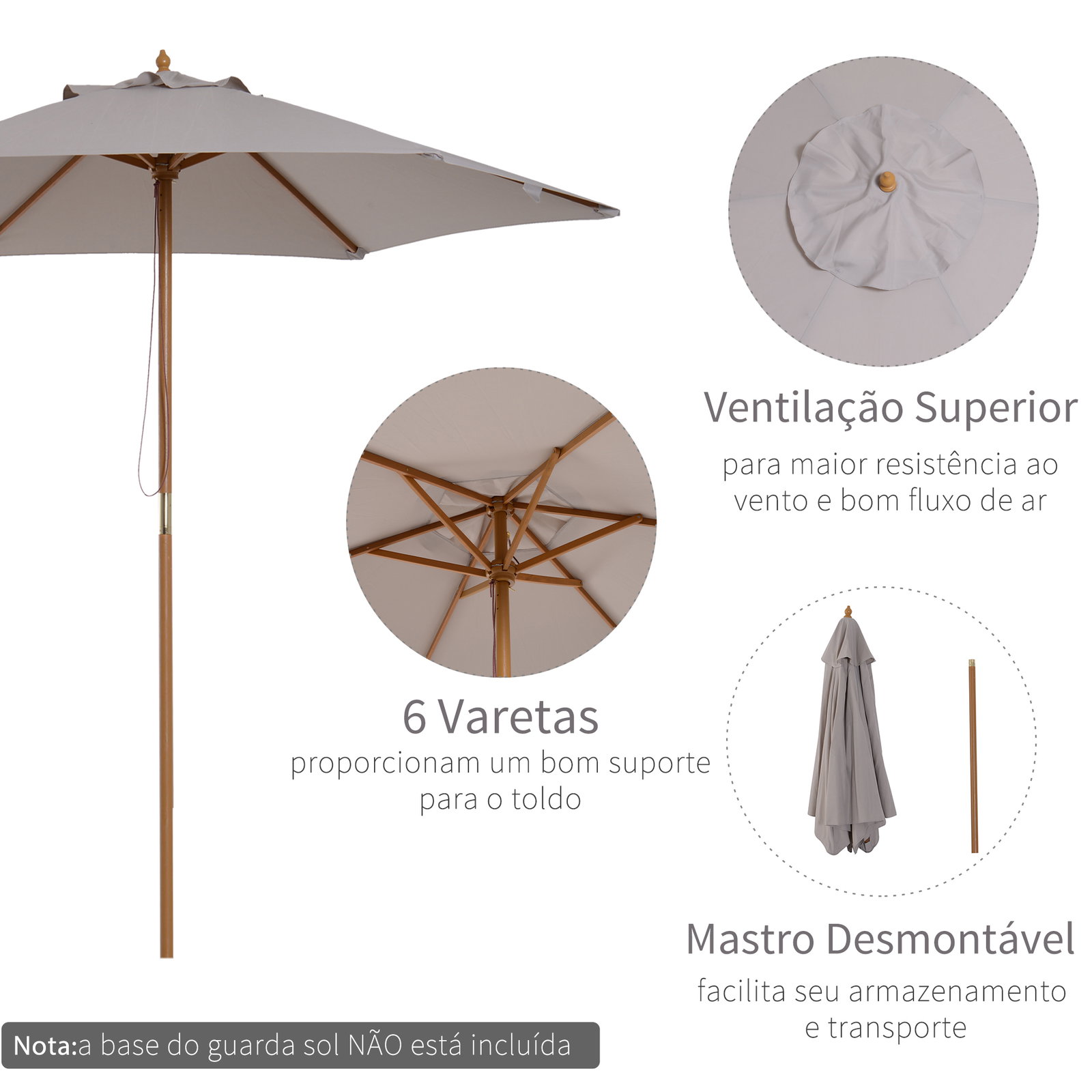 Chapéu de Sol de Madeira Ø250x230 cm para Exterior com 6 Hastes Sistema de Corda com Fixação Desmontável Portátil Cinza
