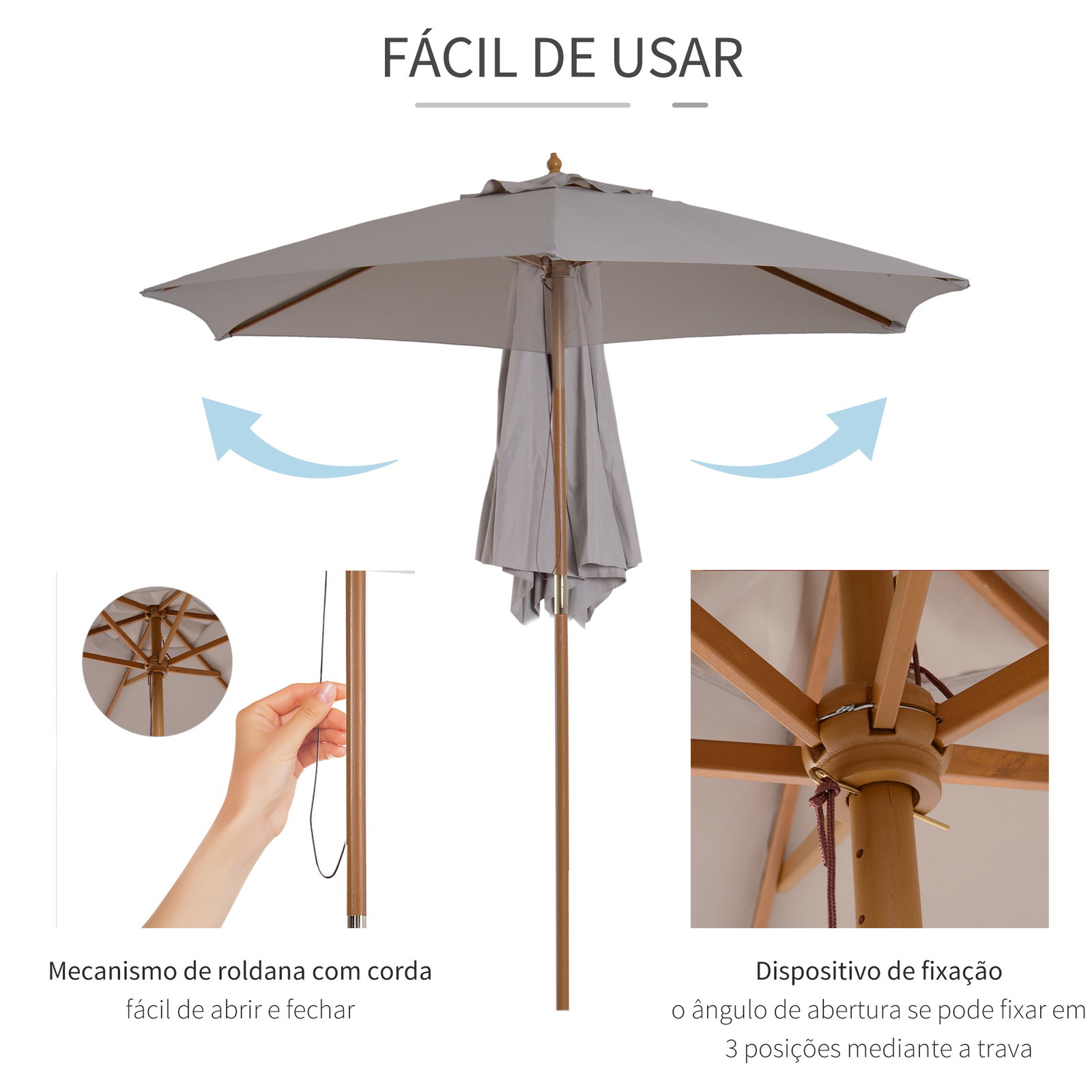 Chapéu de Sol de Madeira Ø250x230 cm para Exterior com 6 Hastes Sistema de Corda com Fixação Desmontável Portátil Cinza
