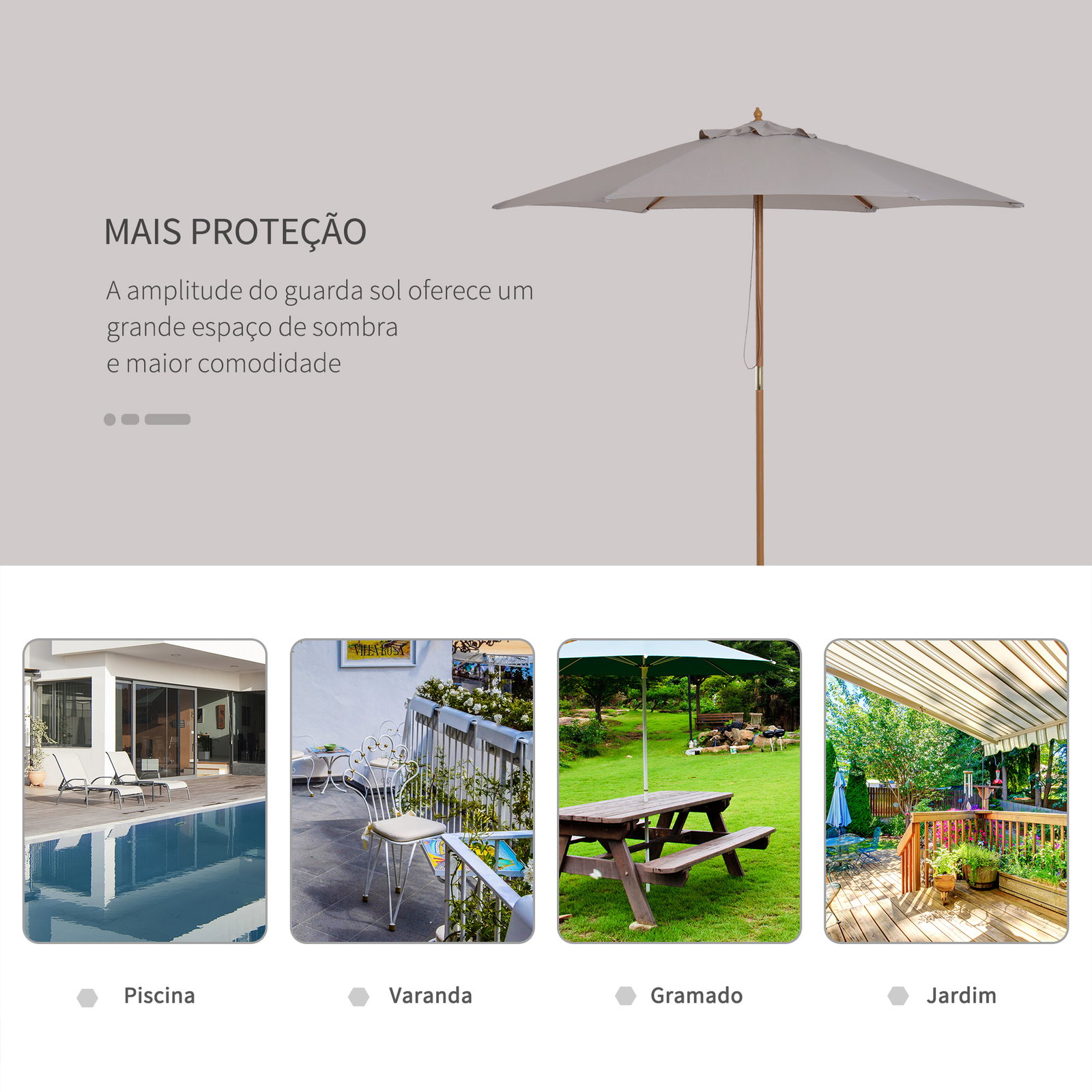 Chapéu de Sol de Madeira Ø250x230 cm para Exterior com 6 Hastes Sistema de Corda com Fixação Desmontável Portátil Cinza
