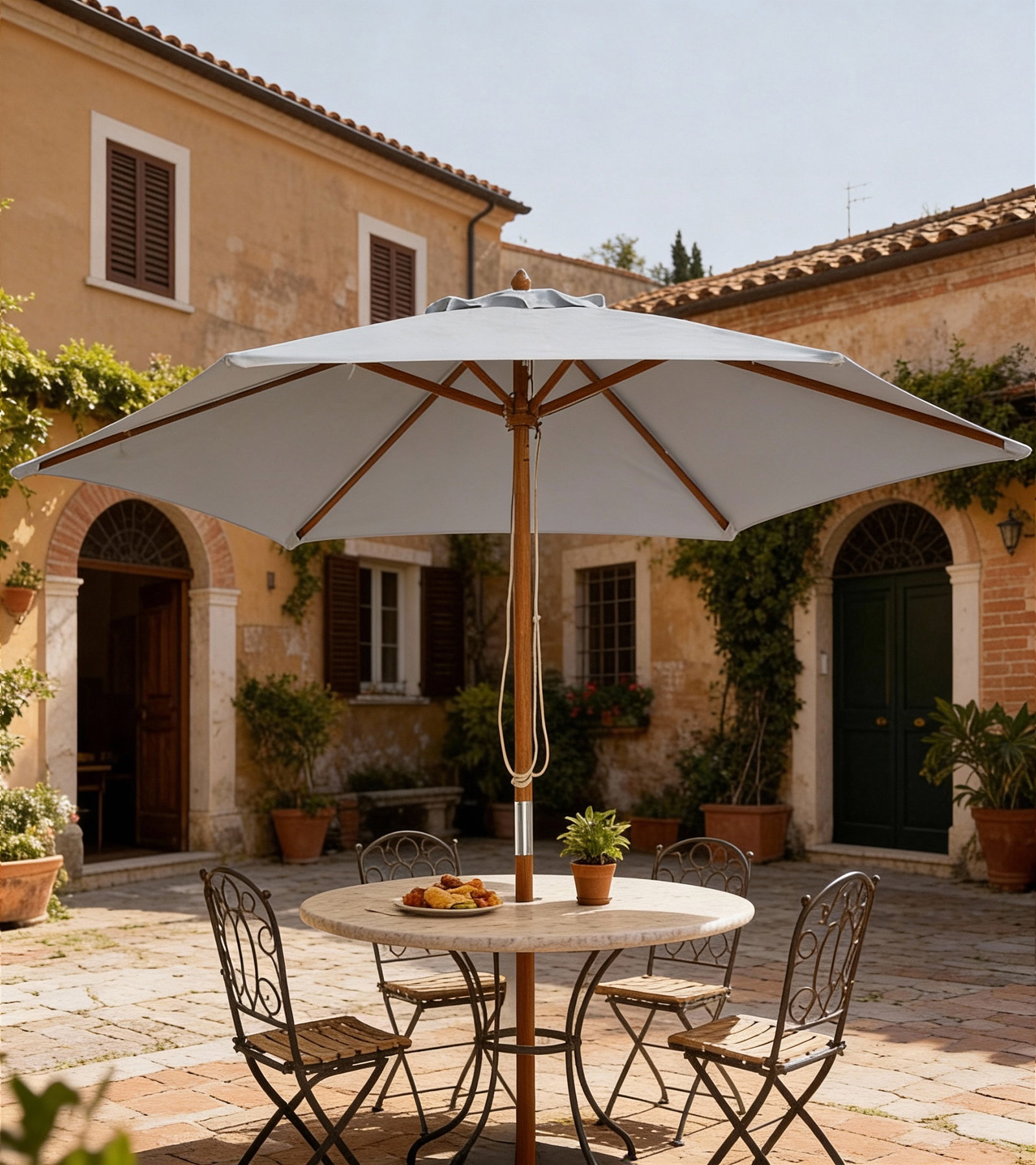 Chapéu de Sol de Madeira Ø250x230 cm para Exterior com 6 Hastes Sistema de Corda com Fixação Desmontável Portátil Cinza