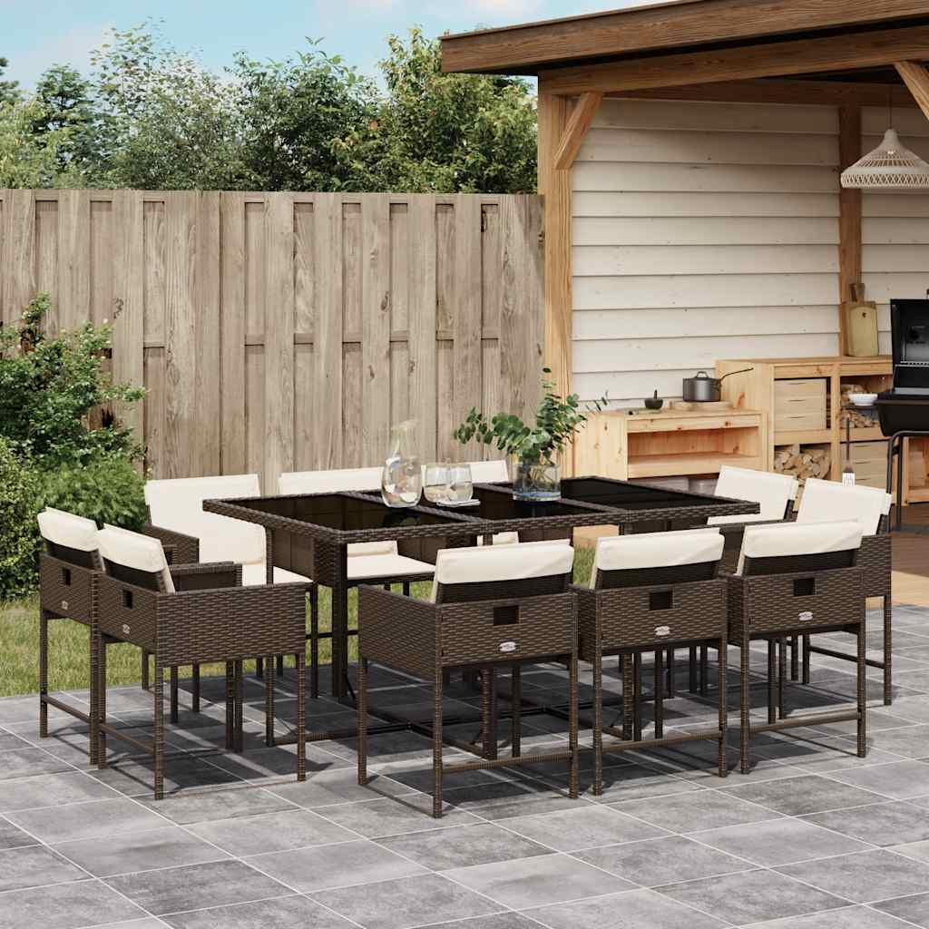 11 Pcs conjunto jantar p/ jardim c/ almofadões vime PE castanho
