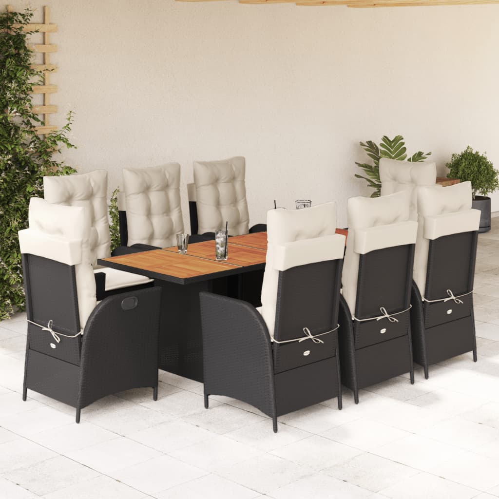 9 Pcs conjunto de jantar p/ jardim c/ almofadões vime PE preto