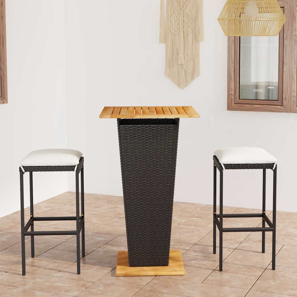 3 Pcs conjunto bar de jardim com almofadões vime PE preto