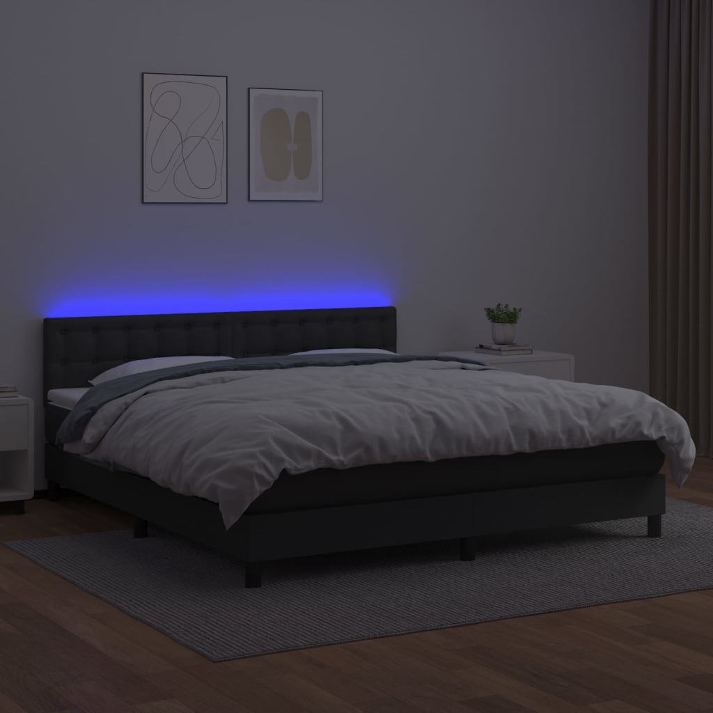 Cama box spring c/ colchão/LED 180x200cm couro artificial preto