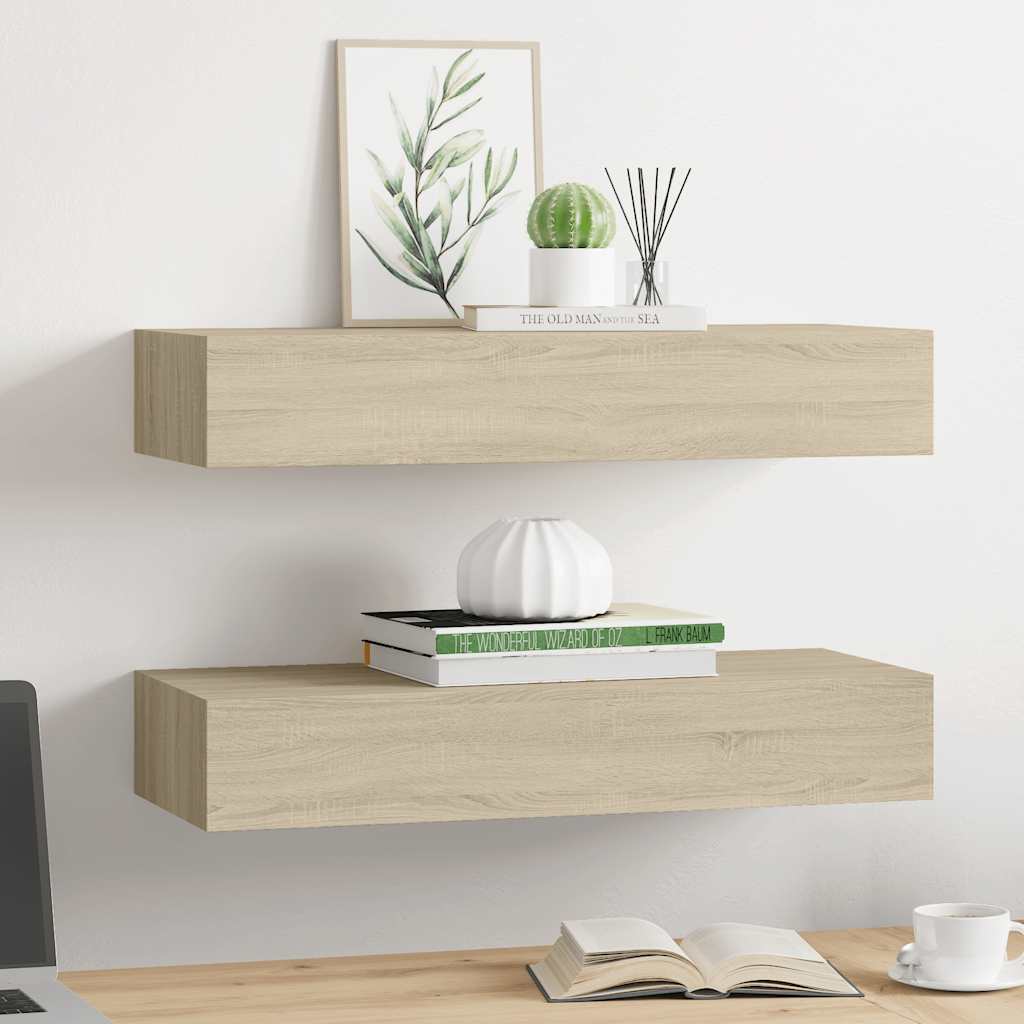 Prateleiras parede c/ gavetas 2 pcs MDF 60x23,5x10 cm carvalho