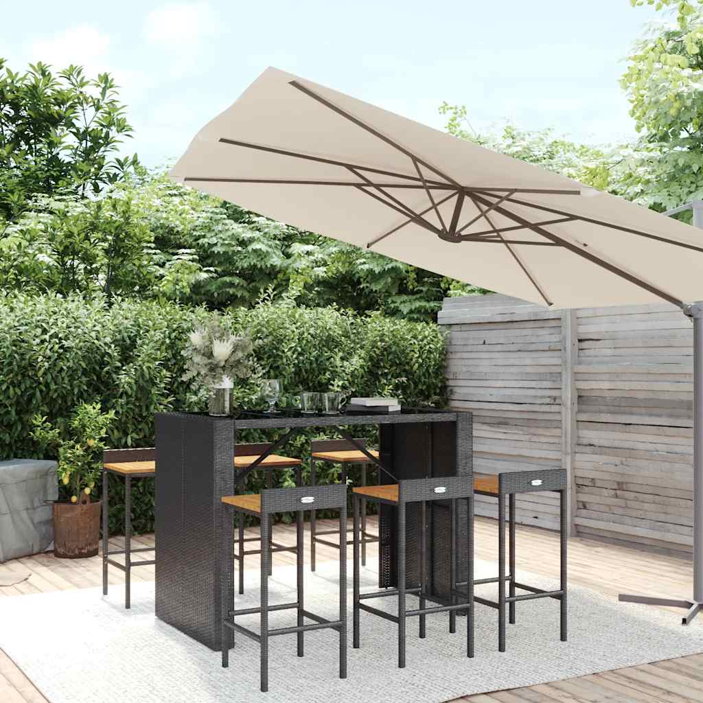 7 Pcs conjunto de bar p/ jardim vime PE/acácia maciça preto