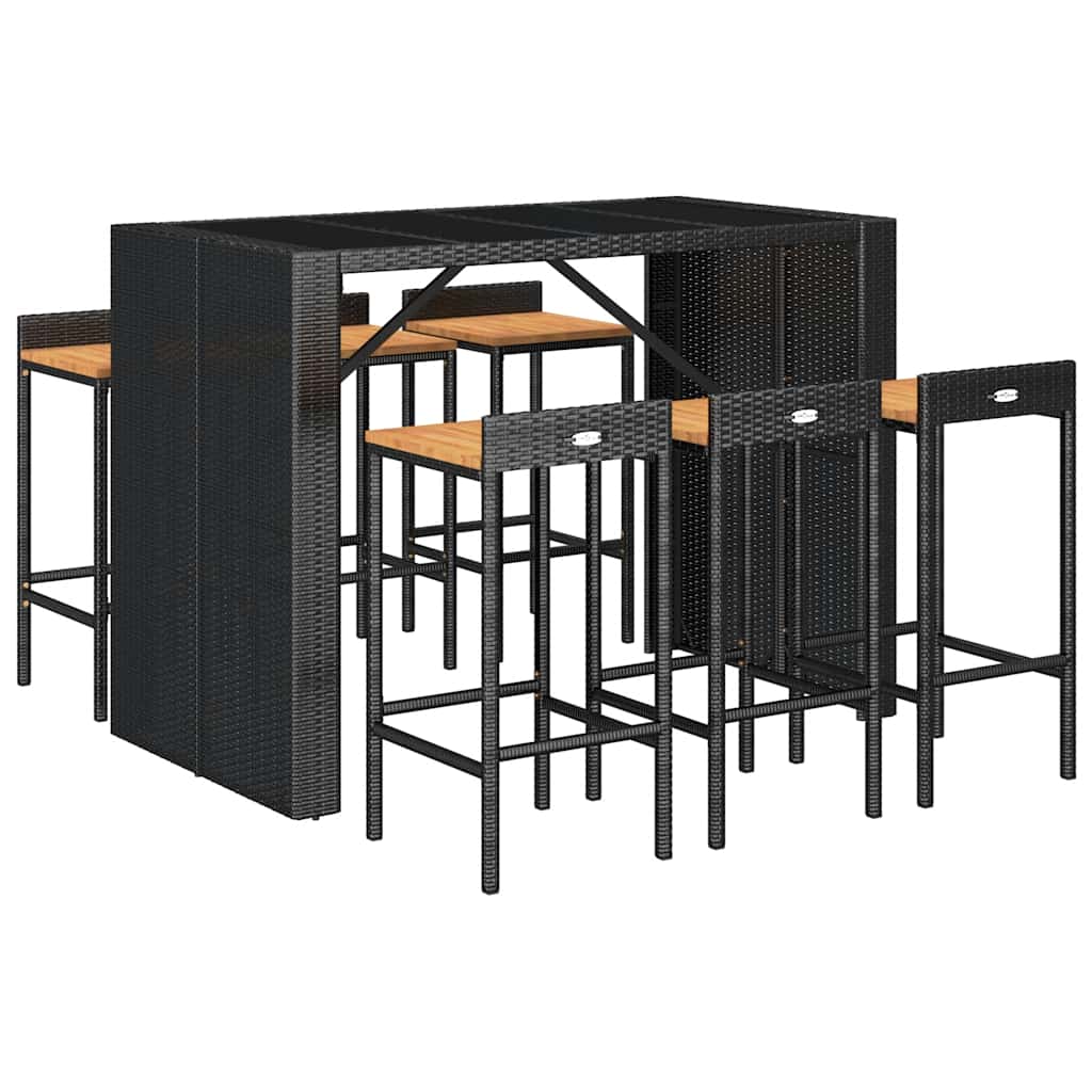 7 Pcs conjunto de bar p/ jardim vime PE/acácia maciça preto