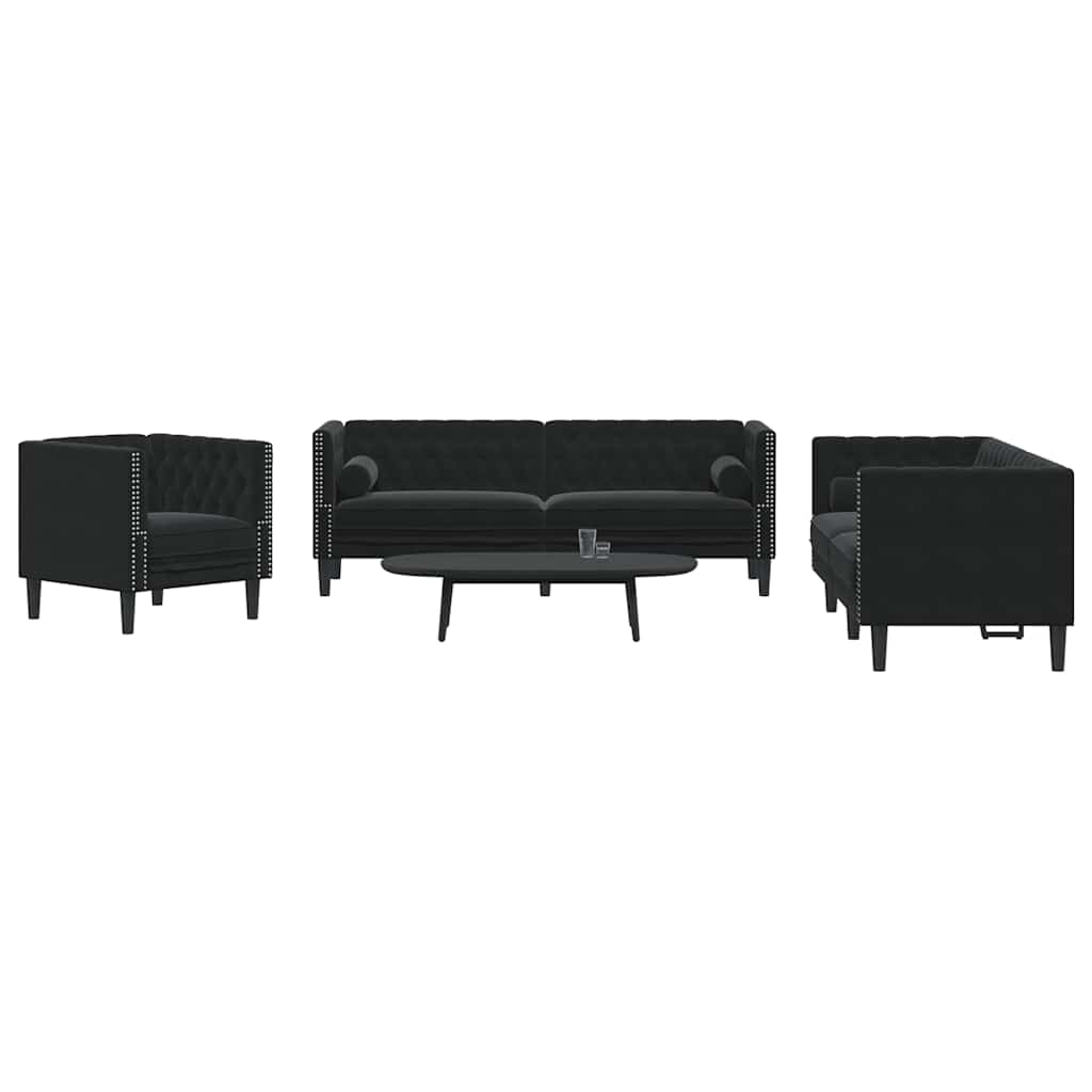 3 Pcs conjunto de sofás chesterfield com rolos veludo preto