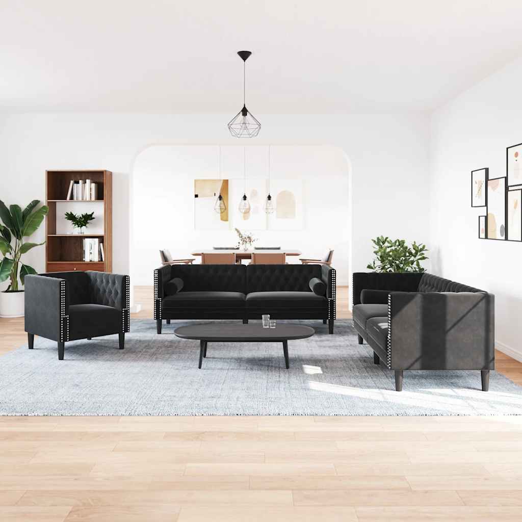 3 Pcs conjunto de sofás chesterfield com rolos veludo preto