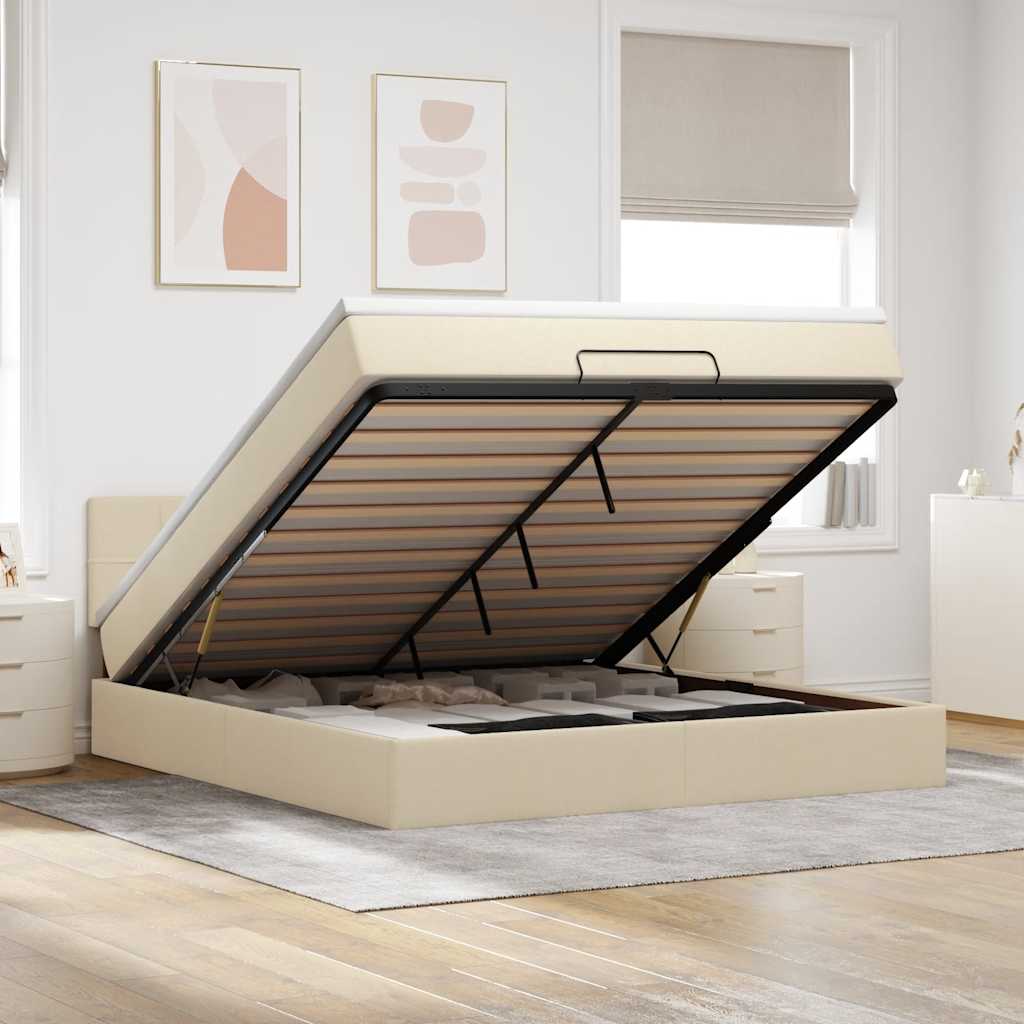 Cama otomana com colchão & leds 180x200cm tecido creme