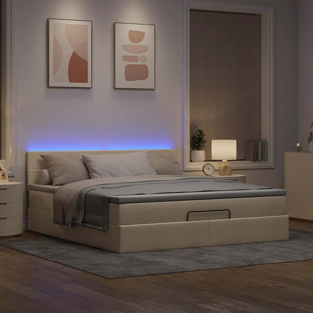 Cama otomana com colchão & leds 180x200cm tecido creme