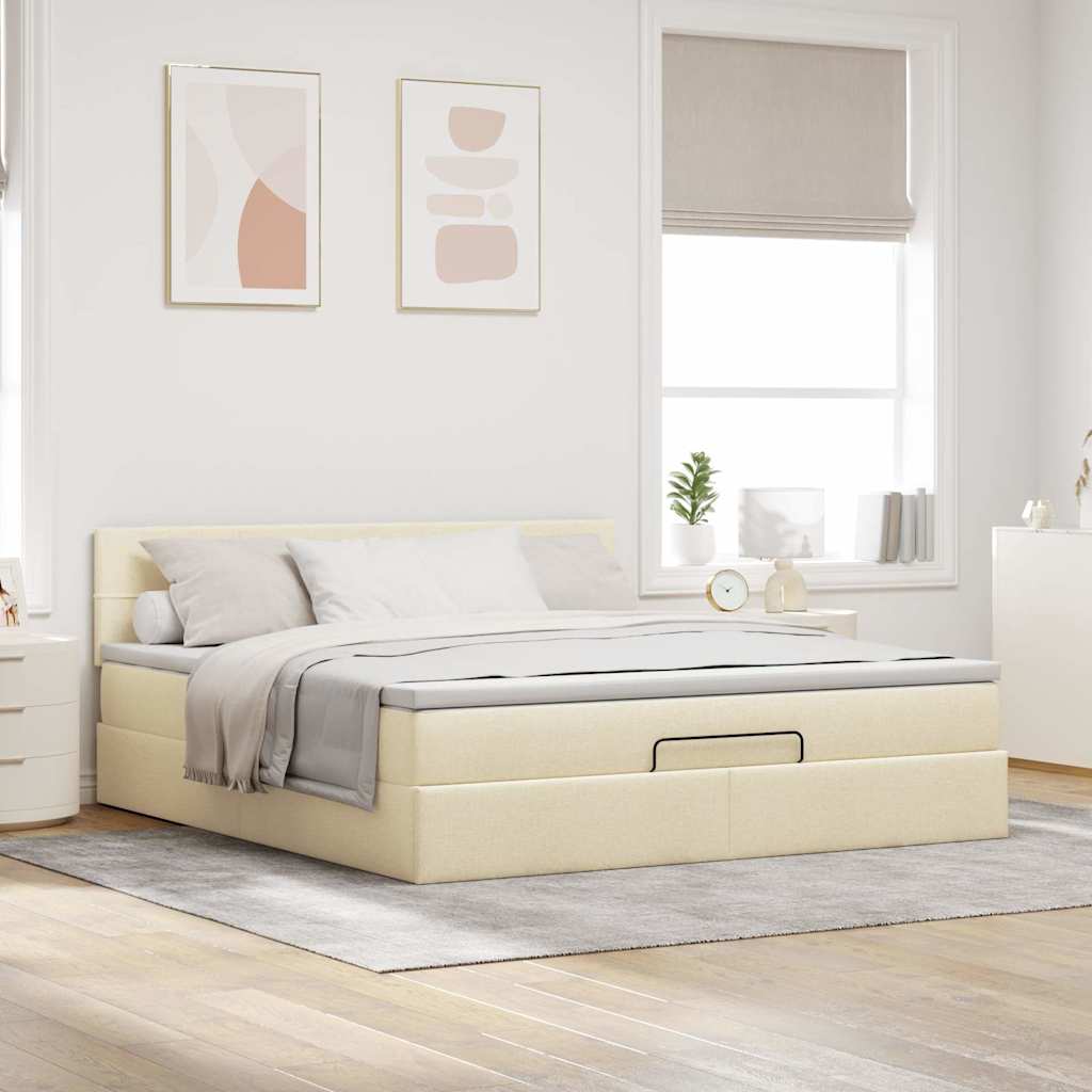 Cama otomana com colchão & leds 180x200cm tecido creme
