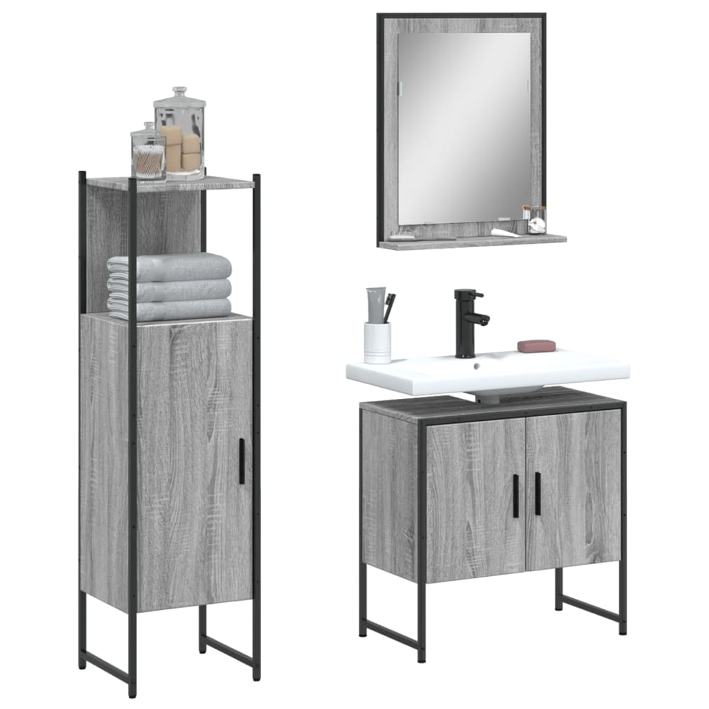 3 Pcs conjunto móveis wc derivados de madeira cinzento sonoma