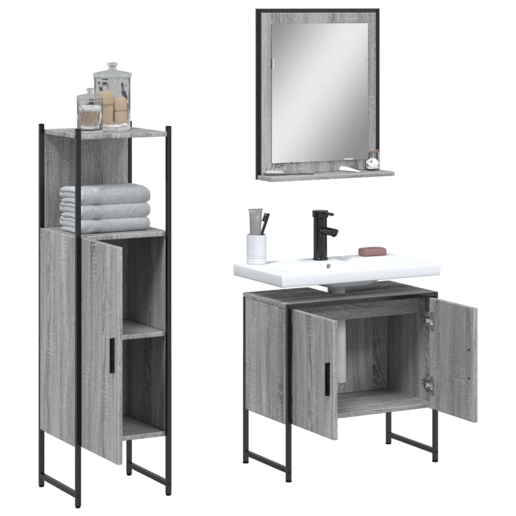 3 Pcs conjunto móveis wc derivados de madeira cinzento sonoma