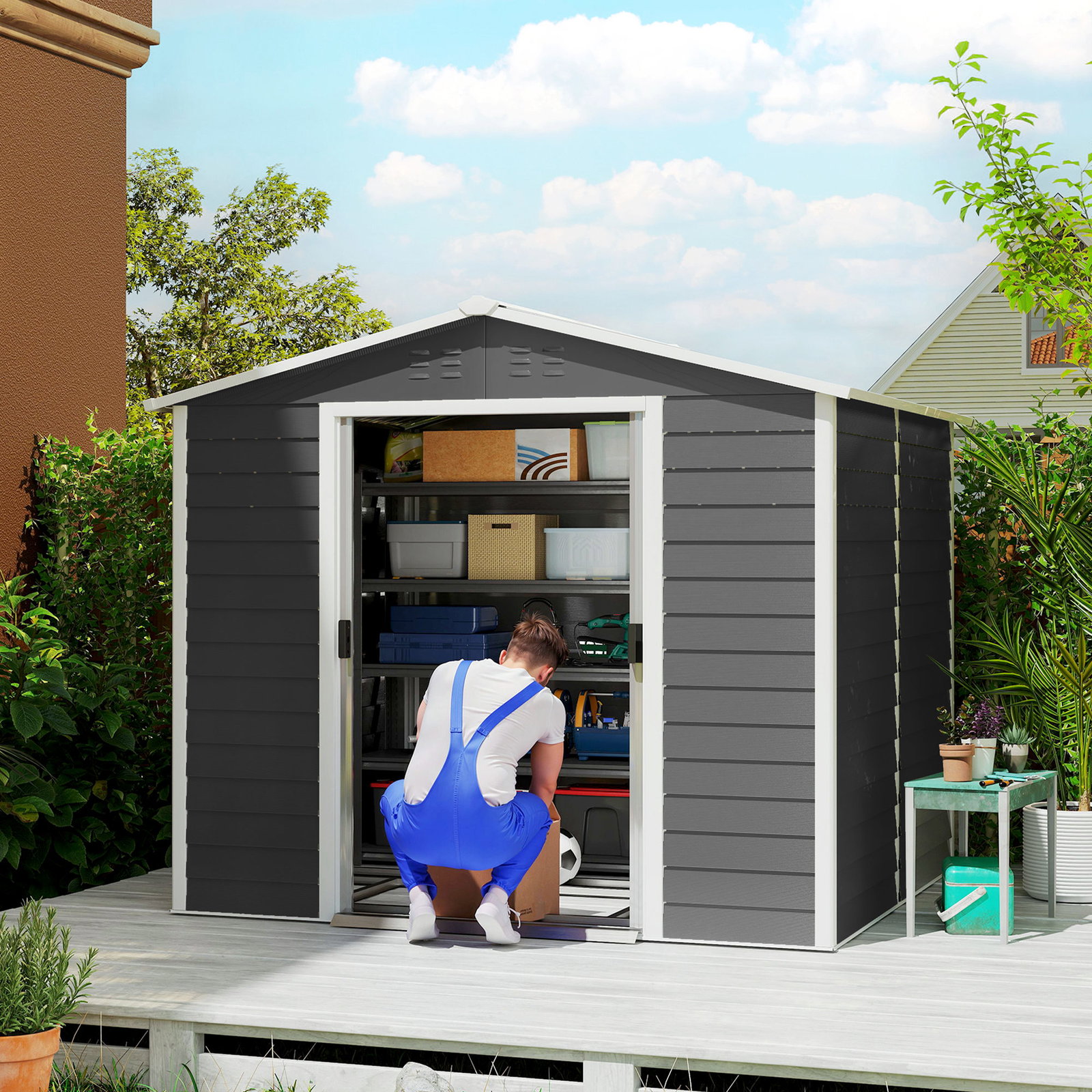 Abrigo de jardim 4,4 m² 240x206x198 cm abrigo de jardim com porta de correr e fechadura cinza escuro