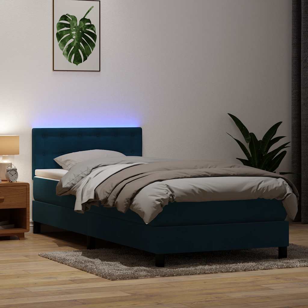 Cama box spring c/ colchão e LED 80x220 cm veludo azul-escuro