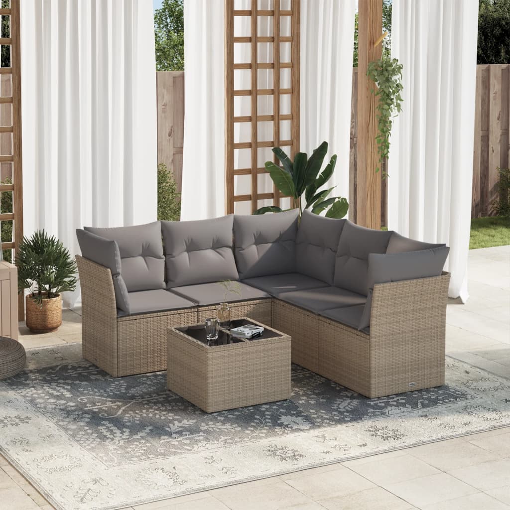 6 Pcs conjunto de sofás p/ jardim com almofadões vime PE bege