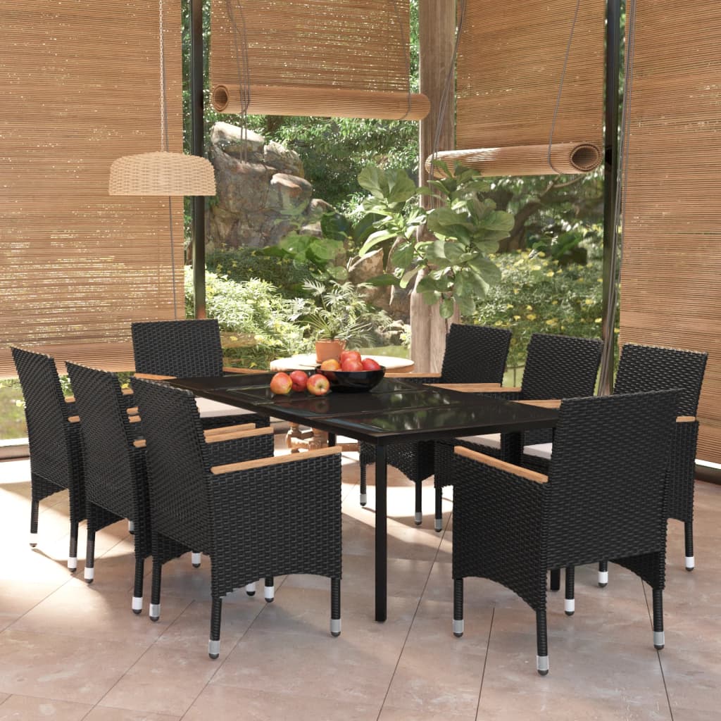 9 Pcs conjunto de jantar para jardim com almofadões preto