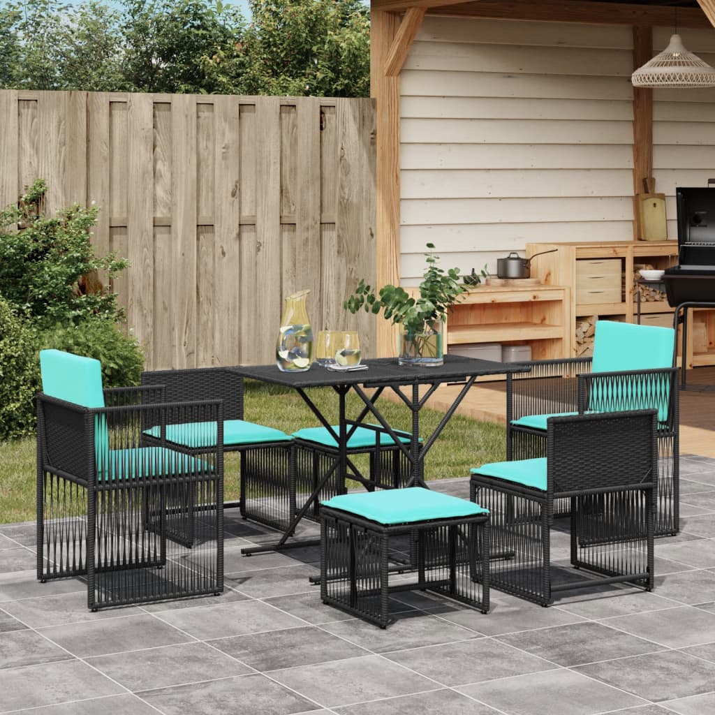 Conjunto de jantar para jardim com 7 peças e almofadas, em rattan sintético preto