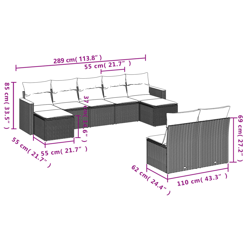 9 Pcs conjunto de sofás p/ jardim c/ almofadões vime PE preto