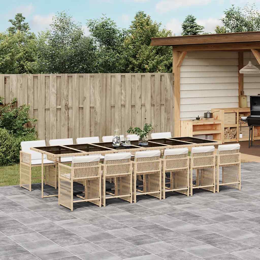 13 Pcs conjunto de jantar p/ jardim com almofadões vime PE bege