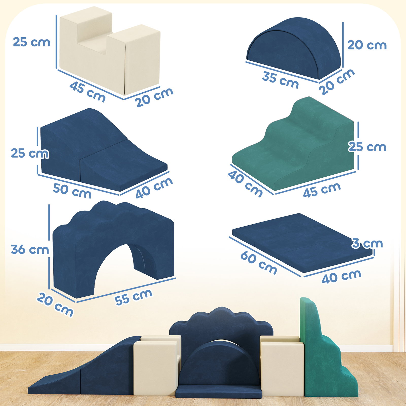 Conjunto de 7 blocos de espuma para crianças com base antiderrapante 0,5-3 anos azul escuro
