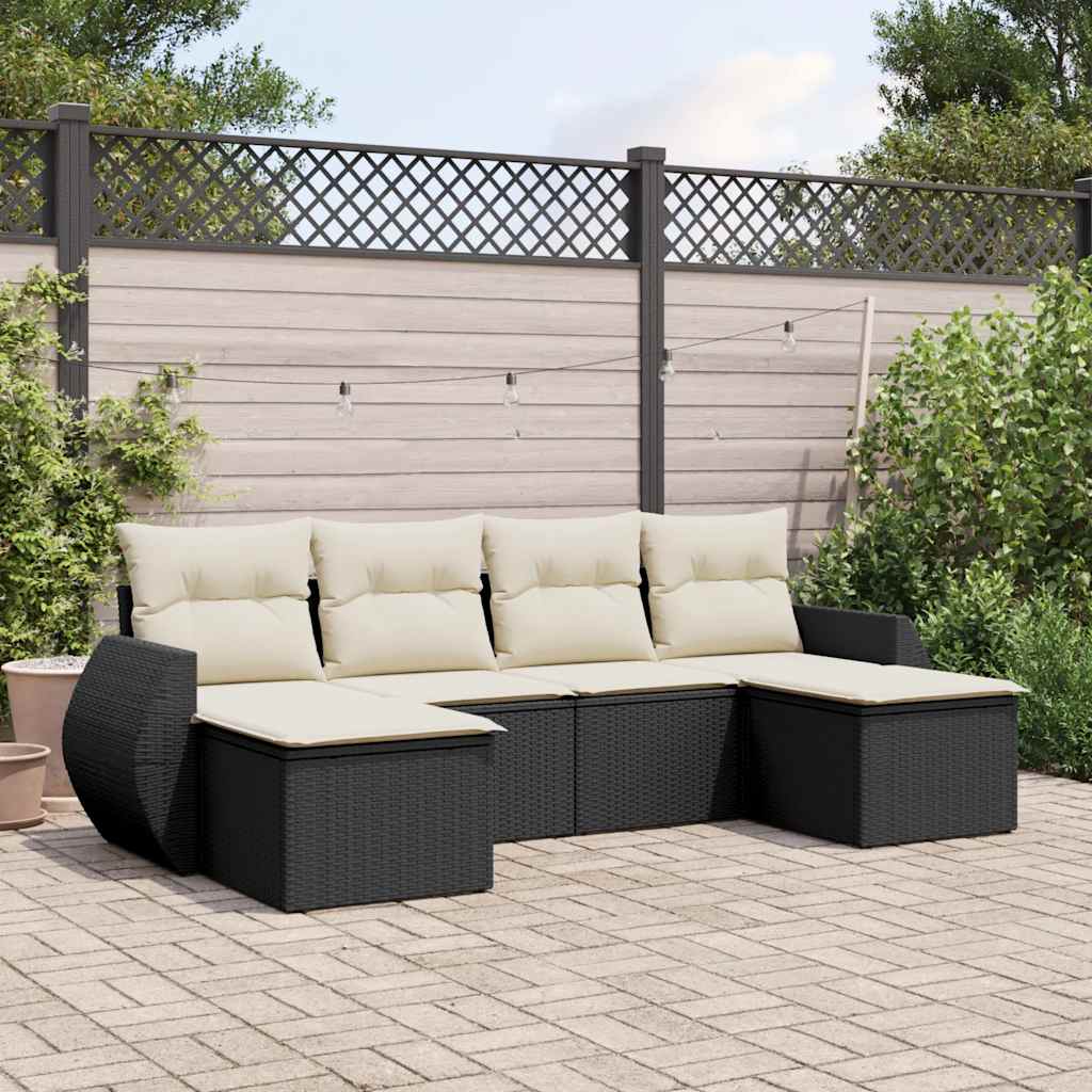 6 Pcs conjunto sofás de jardim c/ almofadões vime PE preto