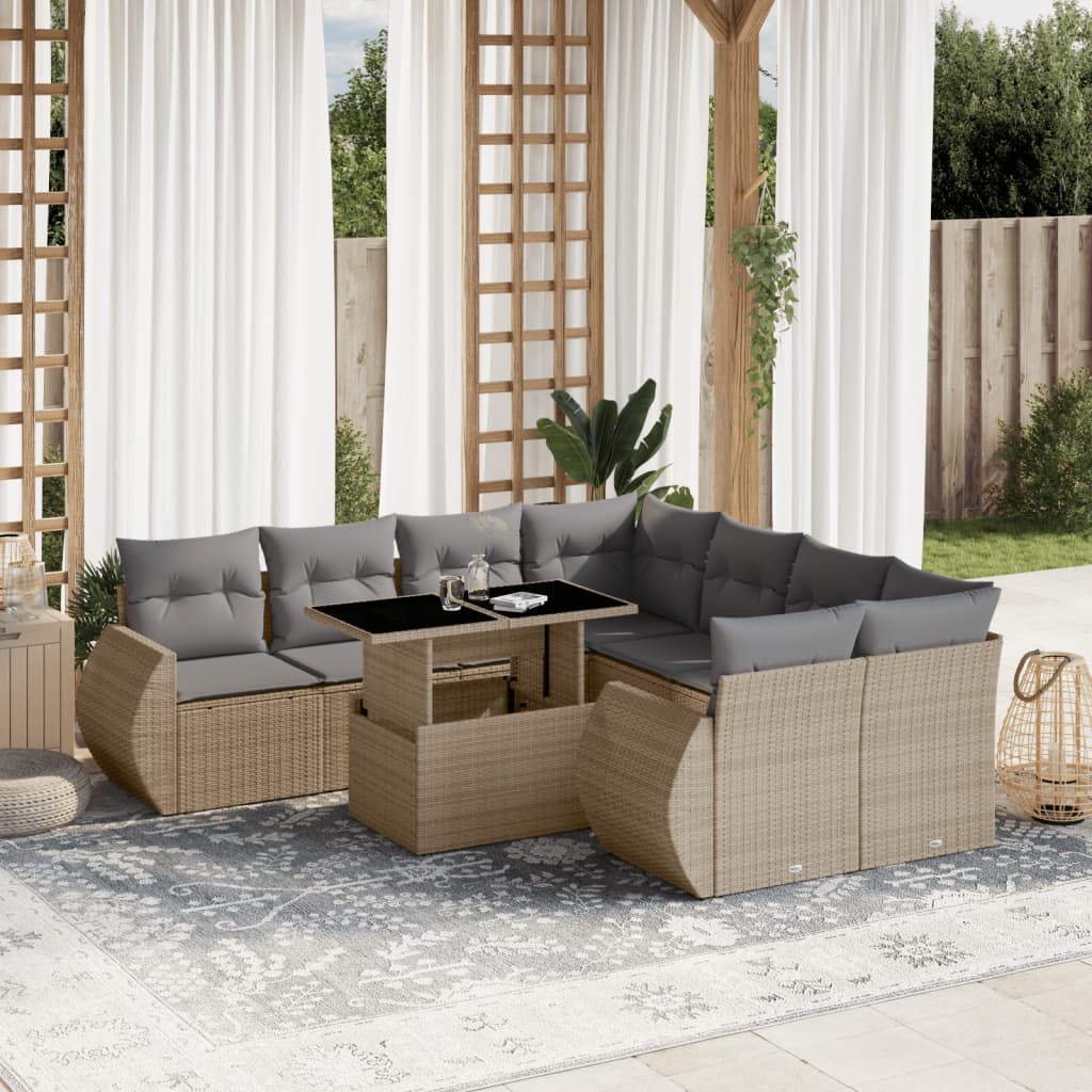 9 Pcs conjunto de sofás p/ jardim com almofadões vime PE bege